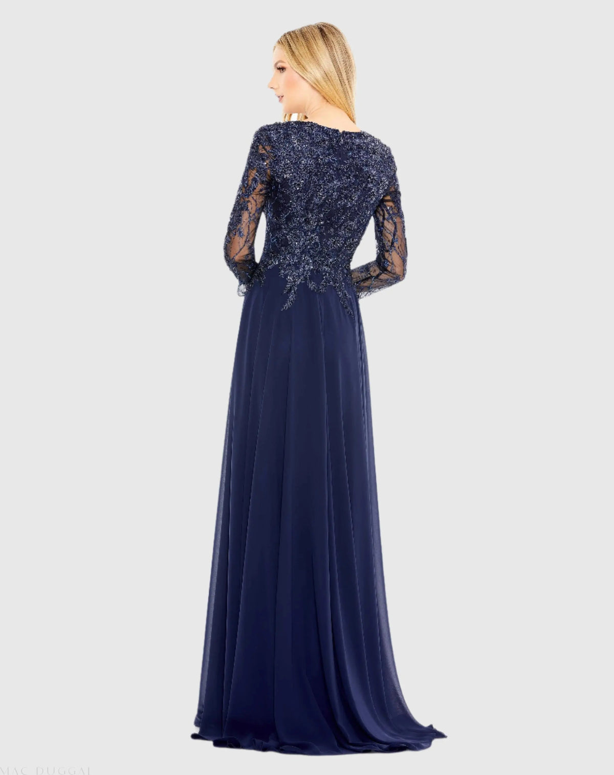 Mac Duggal Navy Embellished Illusion V Neck Long Sleeve Gown