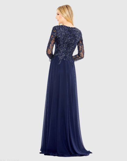 Mac Duggal Navy Embellished Illusion V Neck Long Sleeve Gown