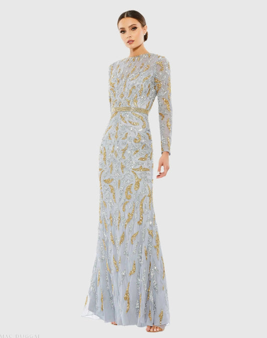 Mac Duggal Gray Long Sleeve Beaded Evening Gown