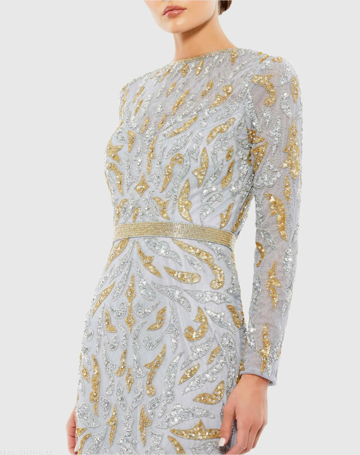 Mac Duggal Gray Long Sleeve Beaded Evening Gown