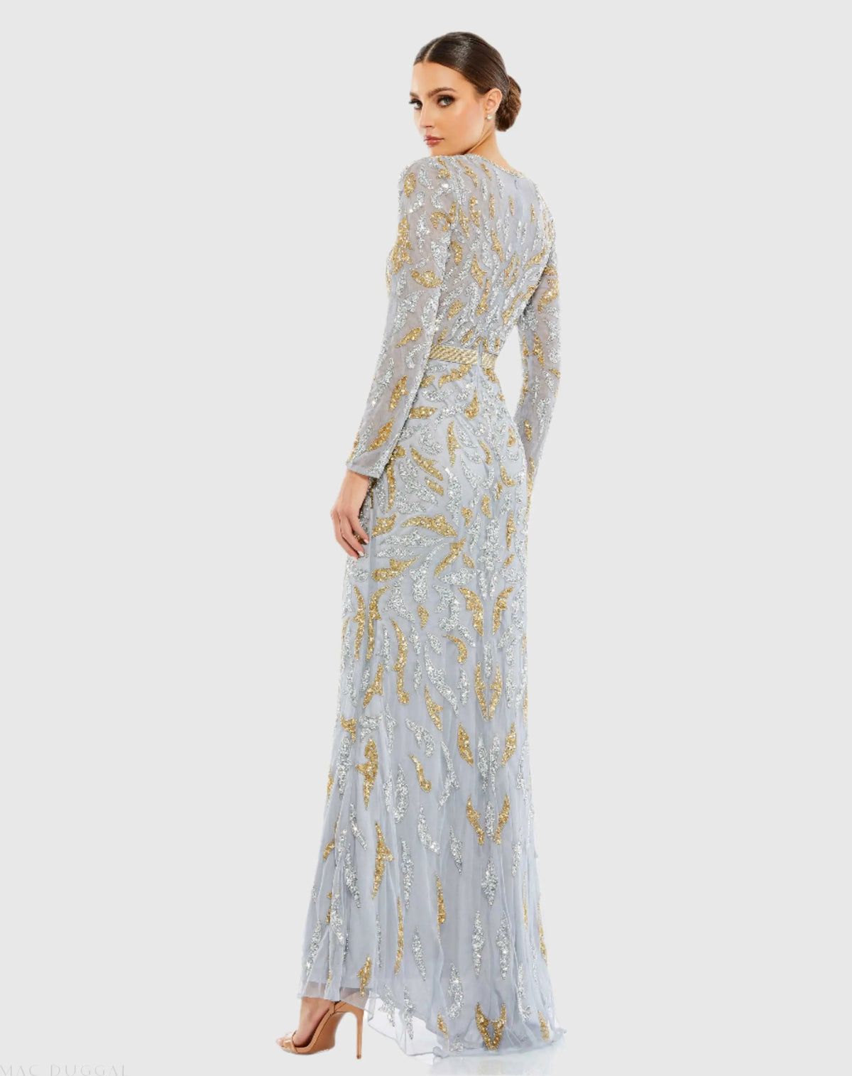 Mac Duggal Gray Long Sleeve Beaded Evening Gown