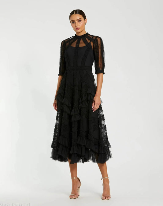 Mac Duggal Black High Neck Ruffle Tiered A-Line Midi Dress
