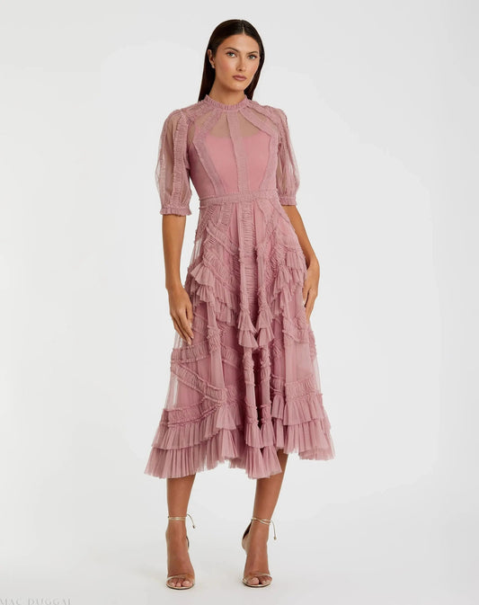 Mac Duggal Pink High Neck Ruffle Tiered A-Line Midi Dress