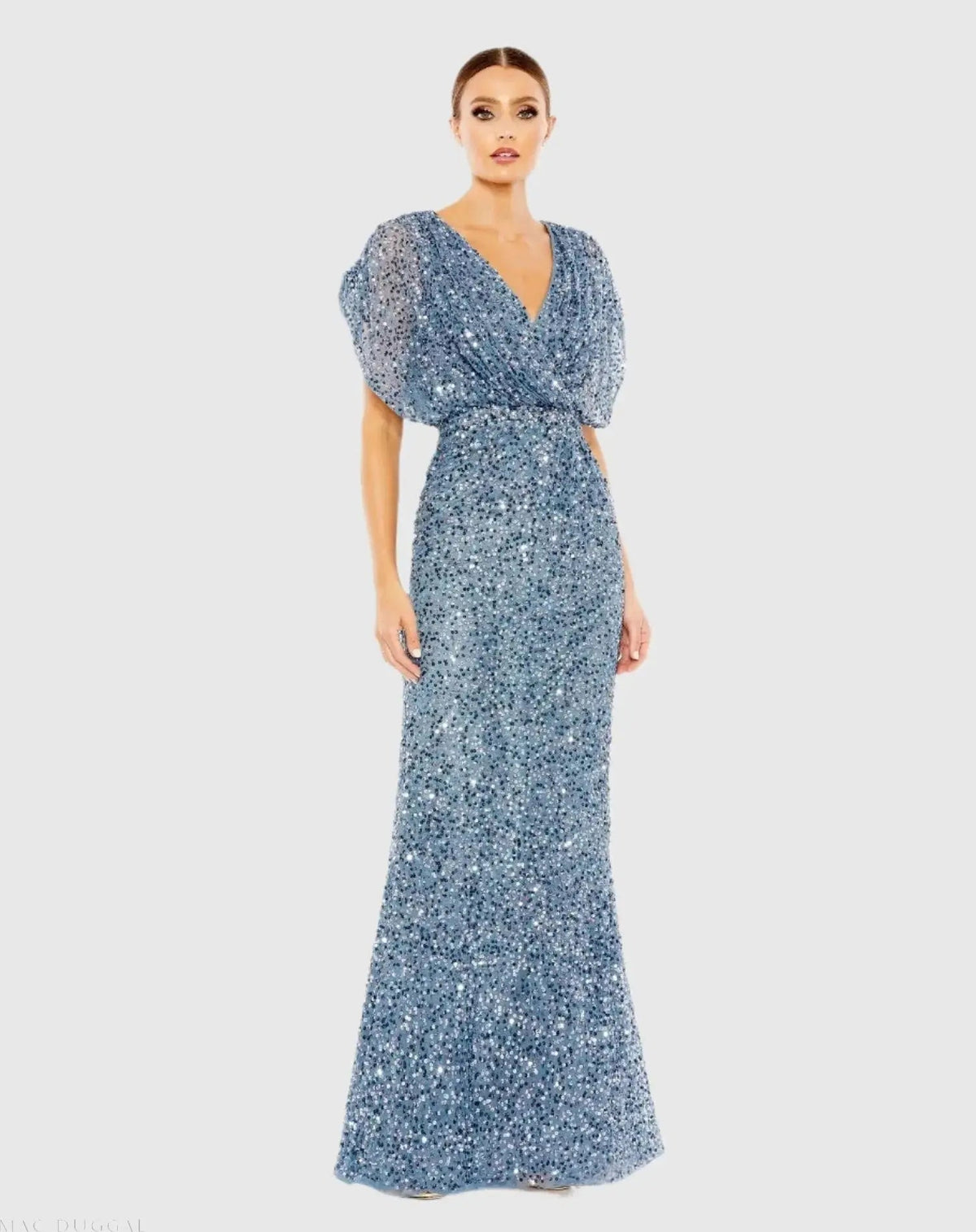 Mac Duggal Blue Sequin Draped Sleeve V-Neck Gown