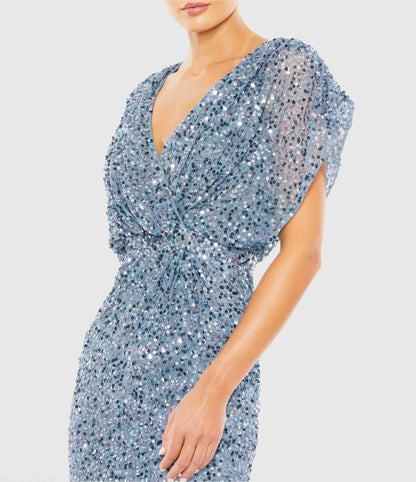 Mac Duggal Blue Sequin Draped Sleeve V-Neck Gown