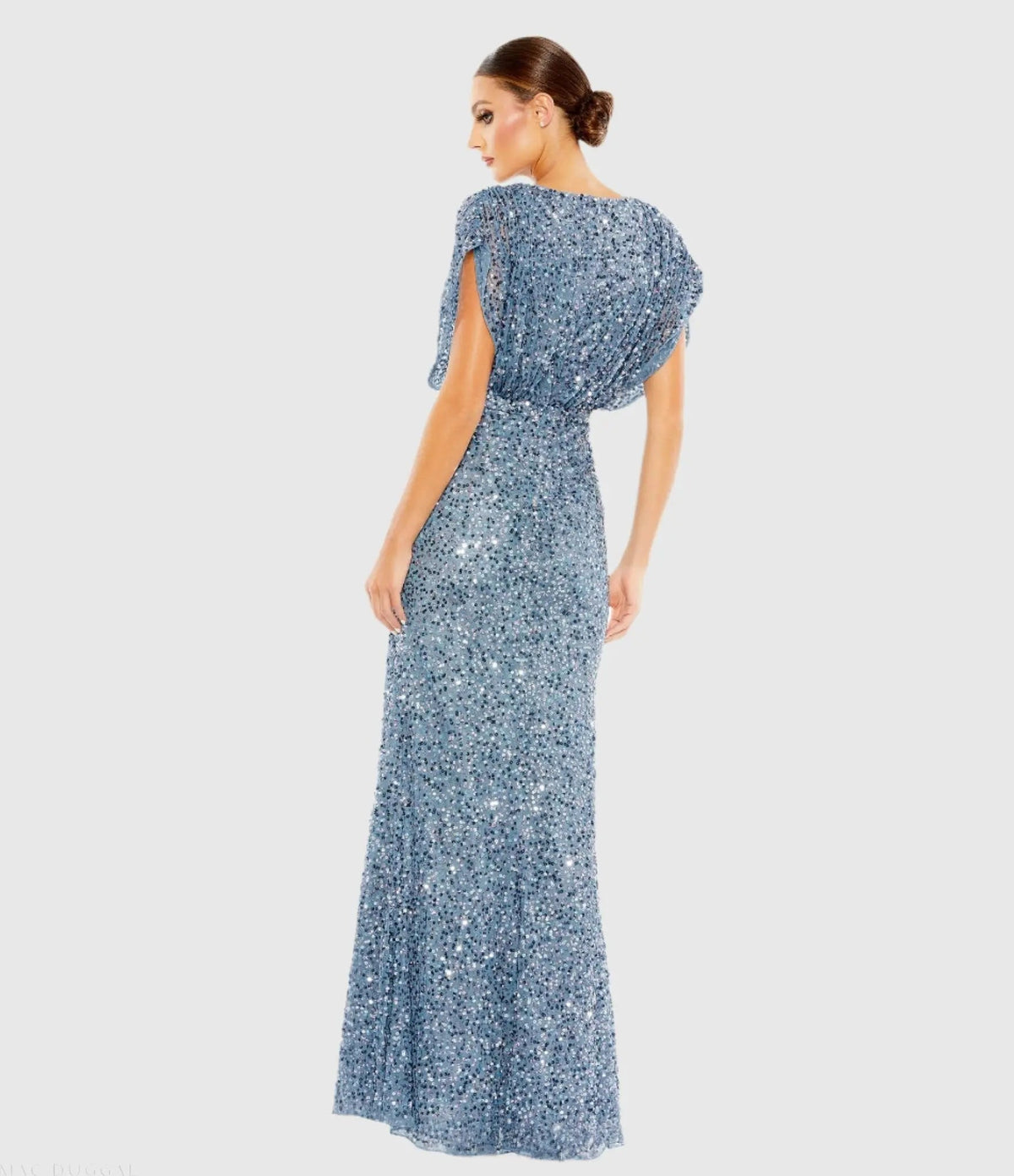 Mac Duggal Blue Sequin Draped Sleeve V-Neck Gown