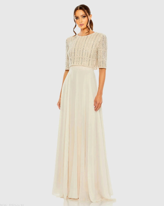 Mac Duggal Beige Chiffon Gown w/ Fully Beaded 3/4 Sleeve Top Duggal