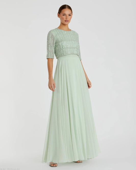 Mac Duggal Green Chiffon Gown w/ Fully Beaded 3/4 Sleeve Top Duggal
