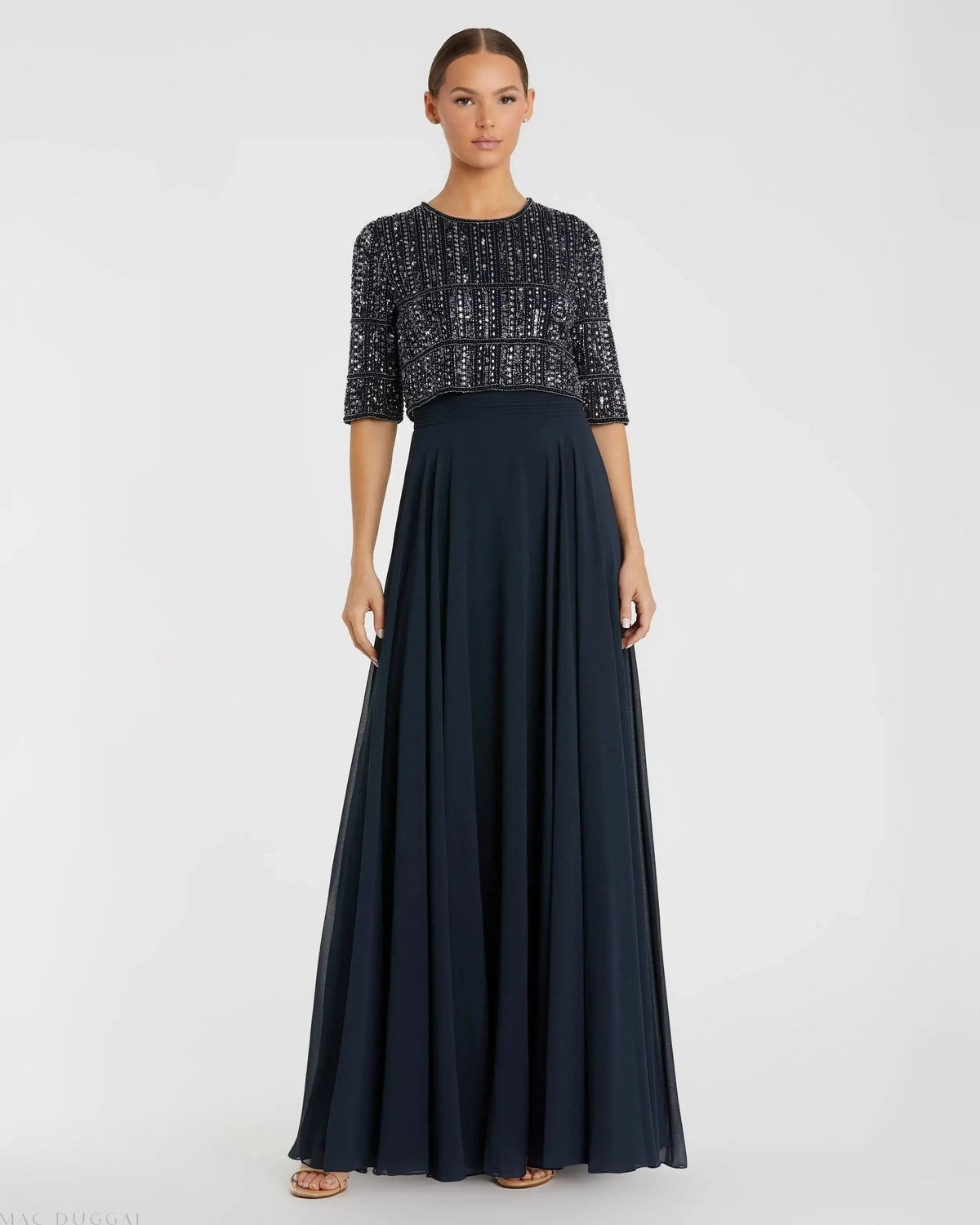 Mac Duggal Navy Chiffon Gown w/ Fully Beaded 3/4 Sleeve Top Duggal