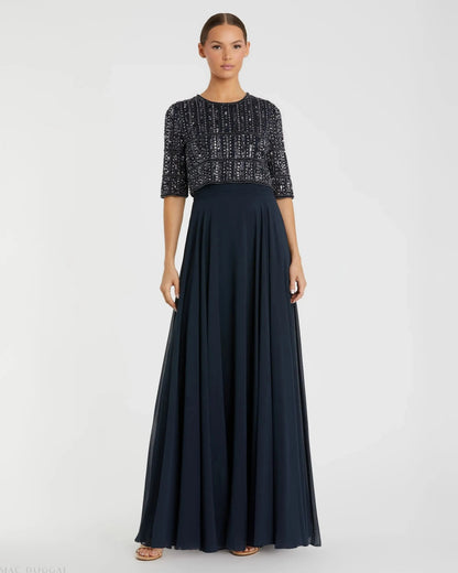 Mac Duggal Navy Chiffon Gown w/ Fully Beaded 3/4 Sleeve Top Duggal