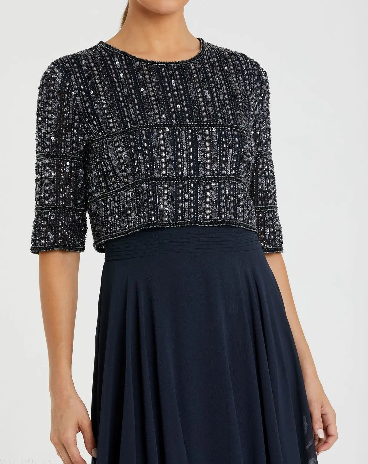 Mac Duggal Navy Chiffon Gown w/ Fully Beaded 3/4 Sleeve Top Duggal