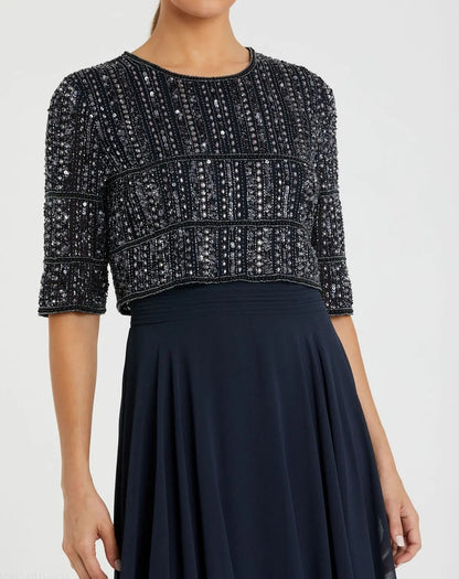 Mac Duggal Navy Chiffon Gown w/ Fully Beaded 3/4 Sleeve Top Duggal