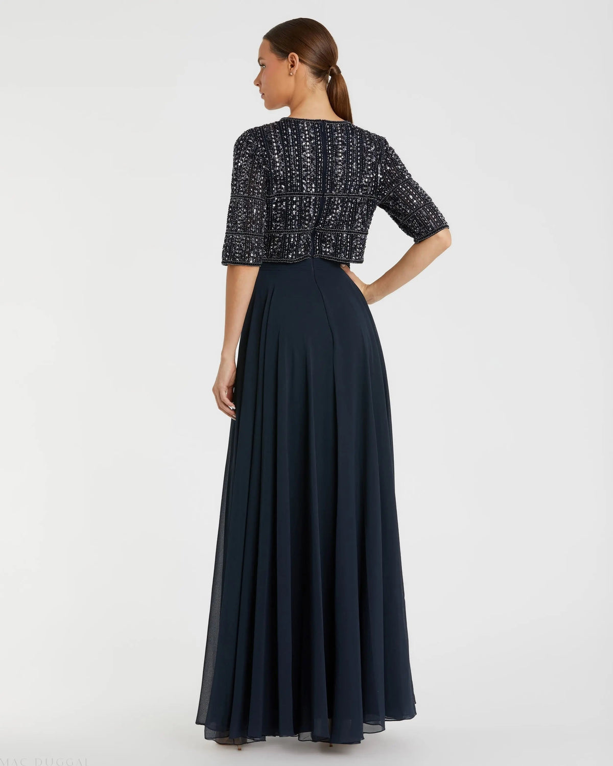 Mac Duggal Navy Chiffon Gown w/ Fully Beaded 3/4 Sleeve Top Duggal