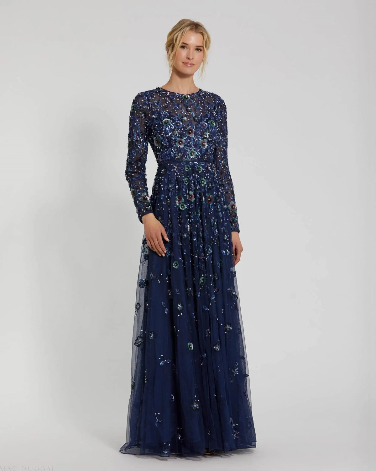 Mac Duggal Navy Embellished High Neck Long Sleeve A Line Gown