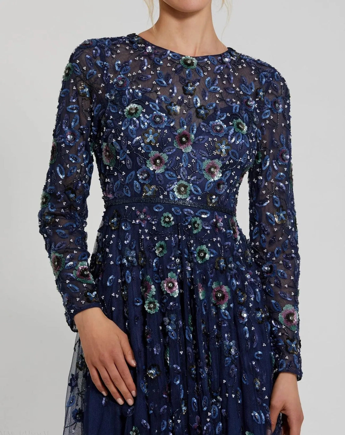 Mac Duggal Navy Embellished High Neck Long Sleeve A Line Gown