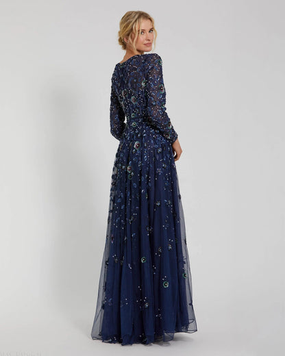 Mac Duggal Navy Embellished High Neck Long Sleeve A Line Gown