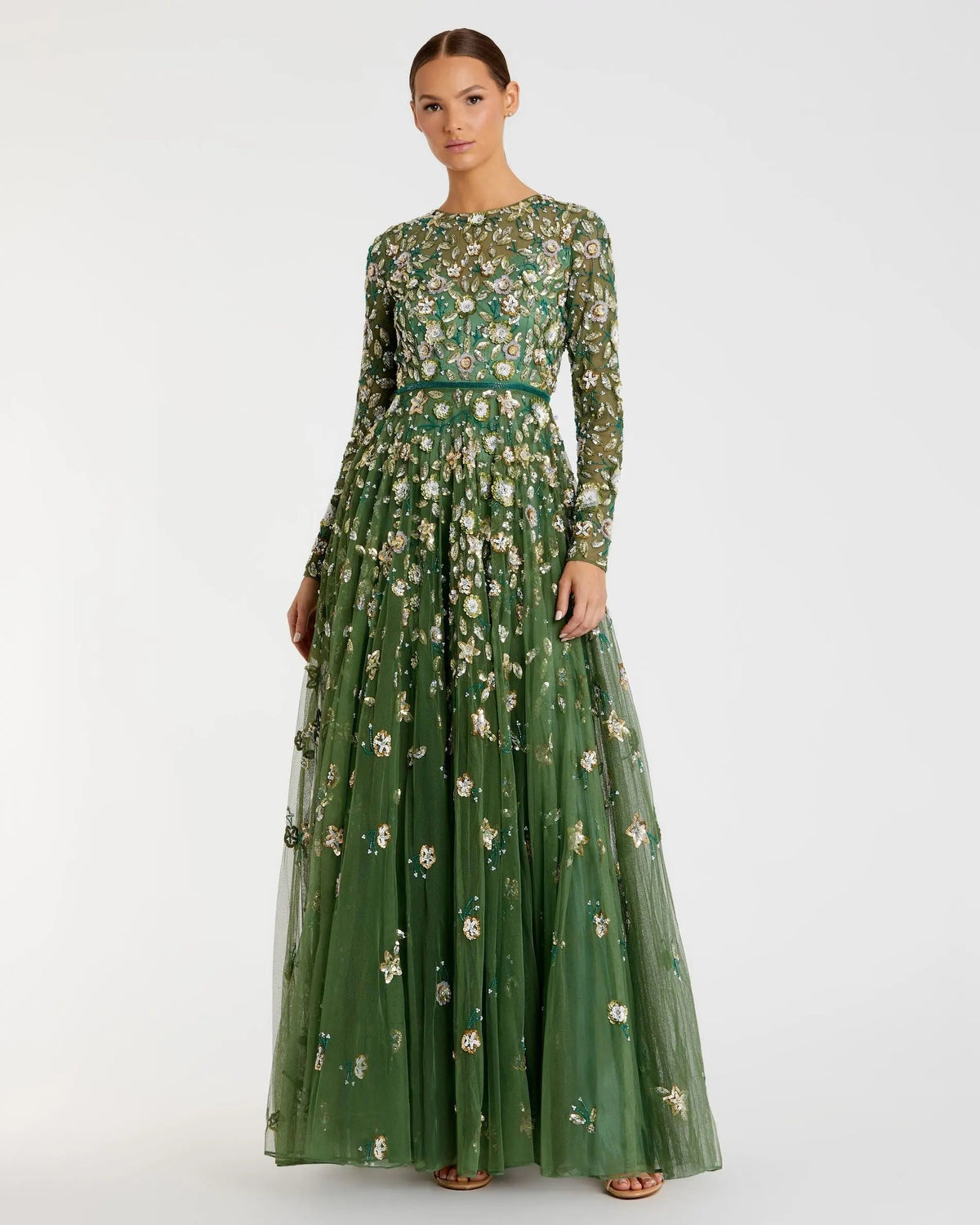 Mac Duggal Green Embellished High Neck Long Sleeve A Line Gown