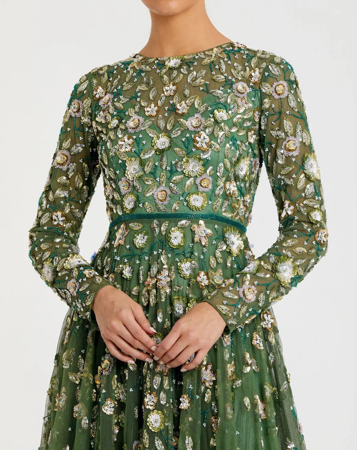 Mac Duggal Green Embellished High Neck Long Sleeve A Line Gown