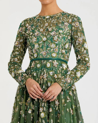 Mac Duggal Green Embellished High Neck Long Sleeve A Line Gown