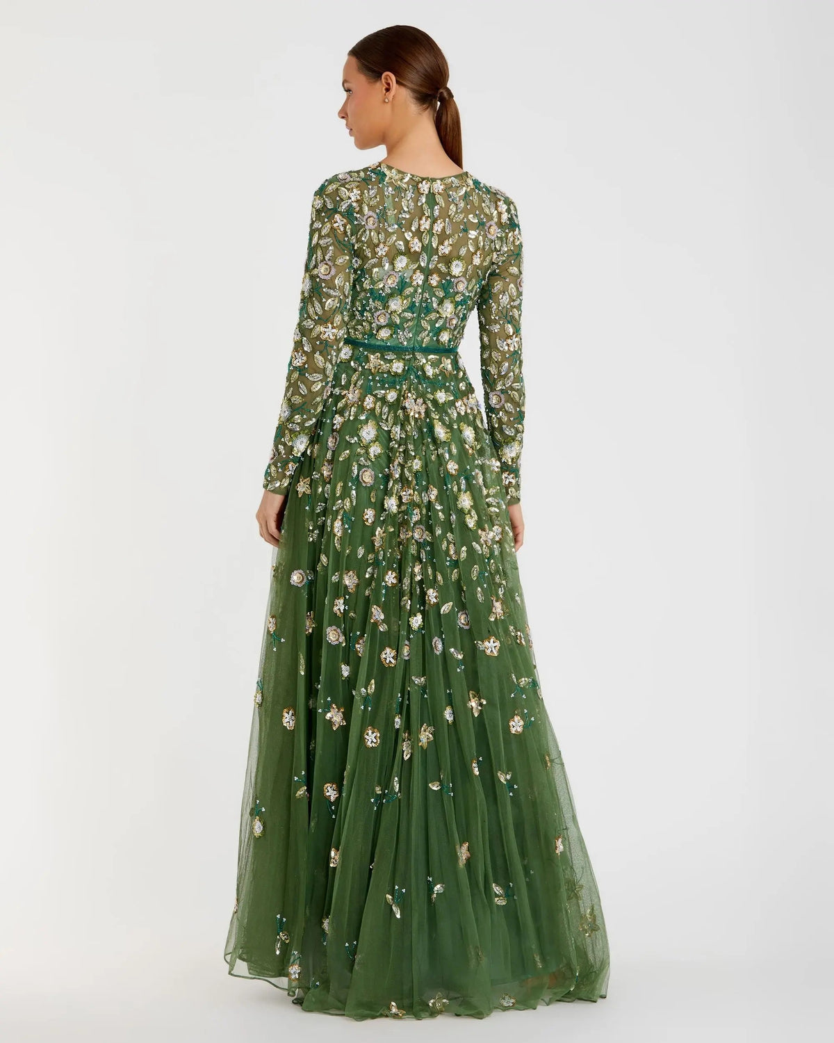 Mac Duggal Green Embellished High Neck Long Sleeve A Line Gown
