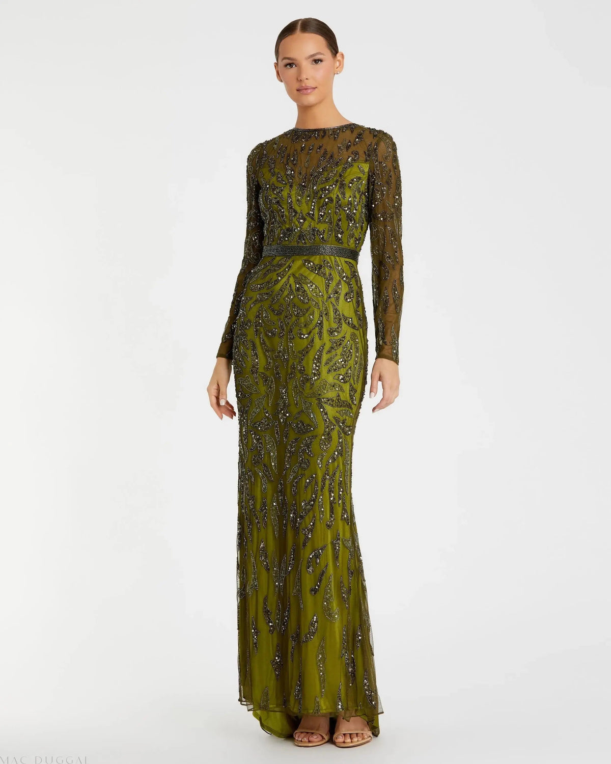 Mac Duggal Green Long Sleeve Beaded Evening Gown