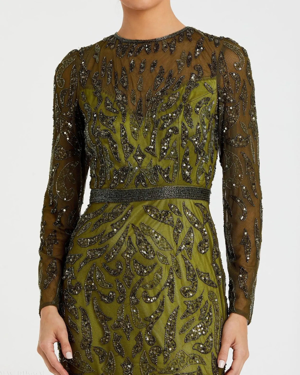 Mac Duggal Green Long Sleeve Beaded Evening Gown