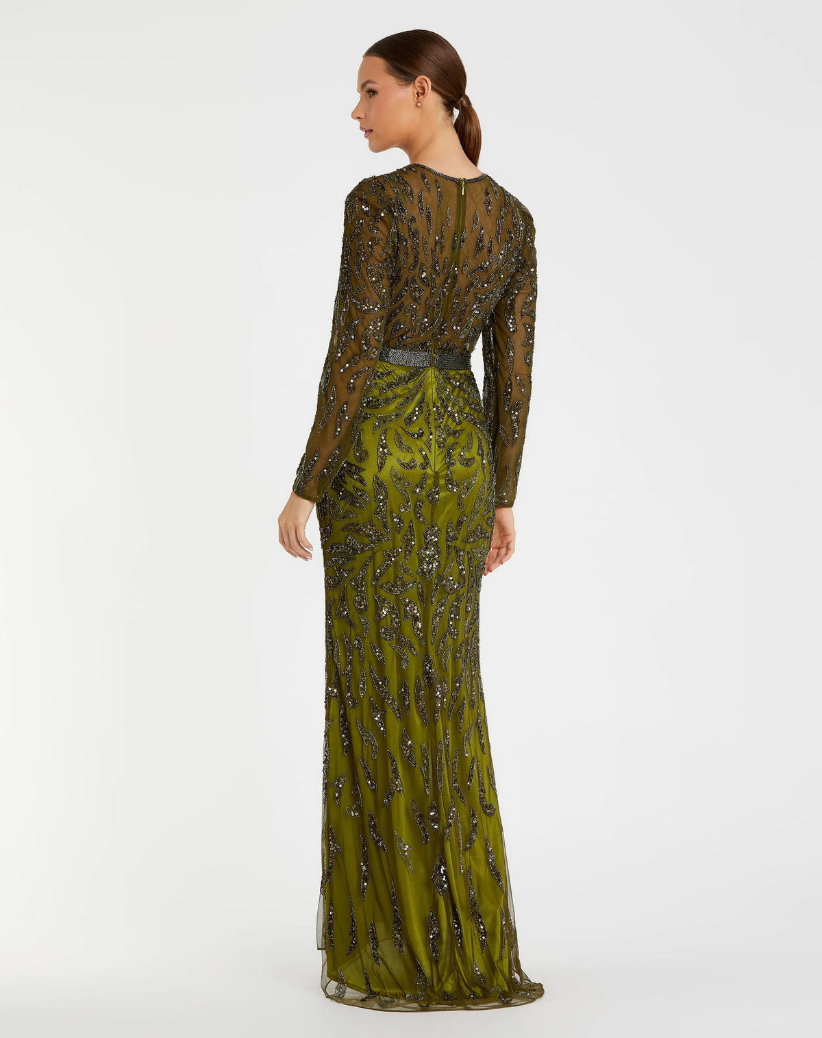 Mac Duggal Green Long Sleeve Beaded Evening Gown