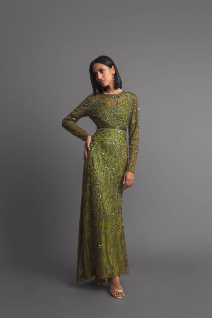 Mac Duggal Green Long Sleeve Beaded Evening Gown