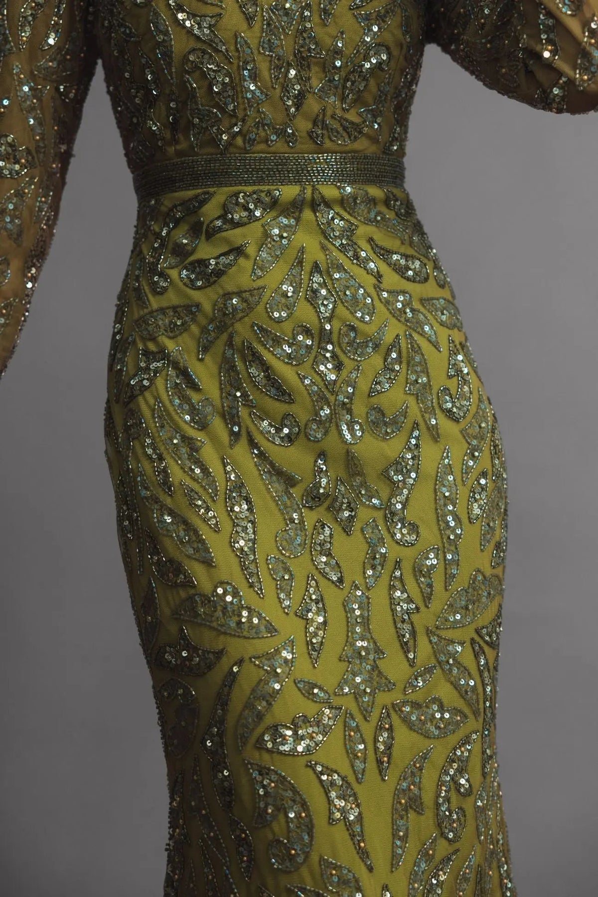 Mac Duggal Green Long Sleeve Beaded Evening Gown