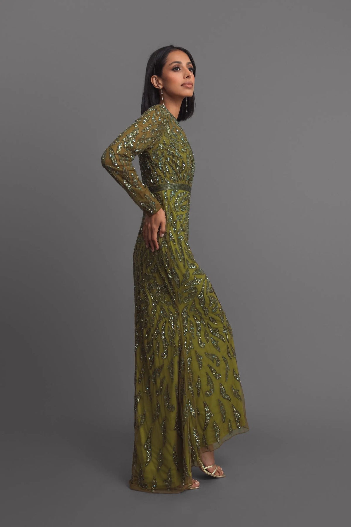 Mac Duggal Green Long Sleeve Beaded Evening Gown