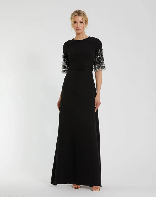 Mac Duggal Black Crepe A Line Gown With Beaded 3/4 Sleeves Duggal
