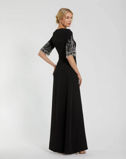 Mac Duggal Black Crepe A Line Gown With Beaded 3/4 Sleeves Duggal