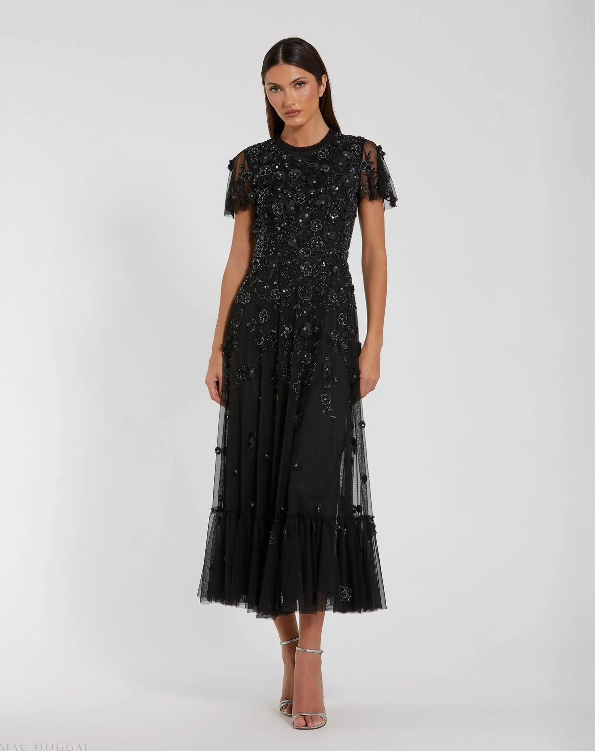 Mac Duggal Black Embellished High Neck Flutter Sleeve A Line Dress