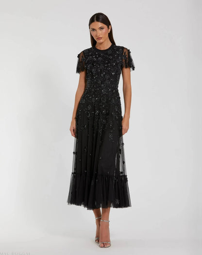 Mac Duggal Black Embellished High Neck Flutter Sleeve A Line Dress