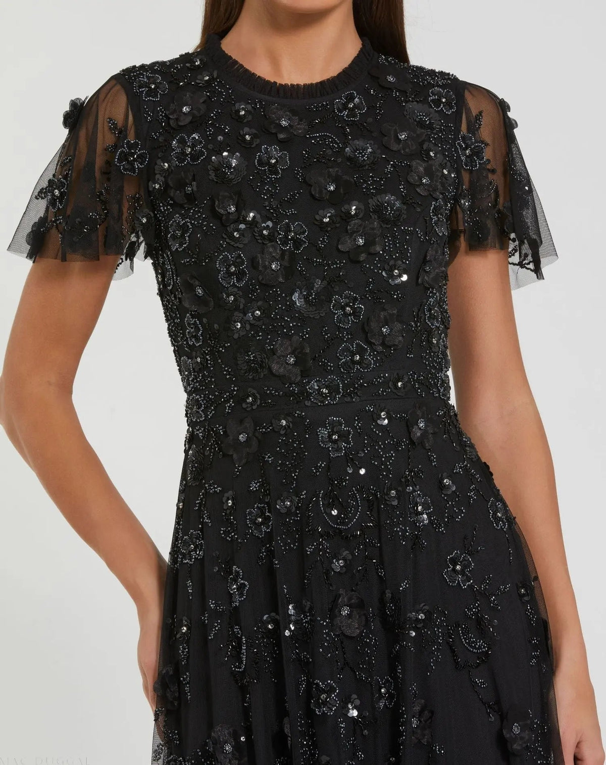 Mac Duggal Black Embellished High Neck Flutter Sleeve A Line Dress