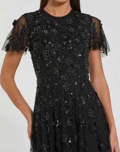 Mac Duggal Black Embellished High Neck Flutter Sleeve A Line Dress