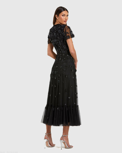 Mac Duggal Black Embellished High Neck Flutter Sleeve A Line Dress