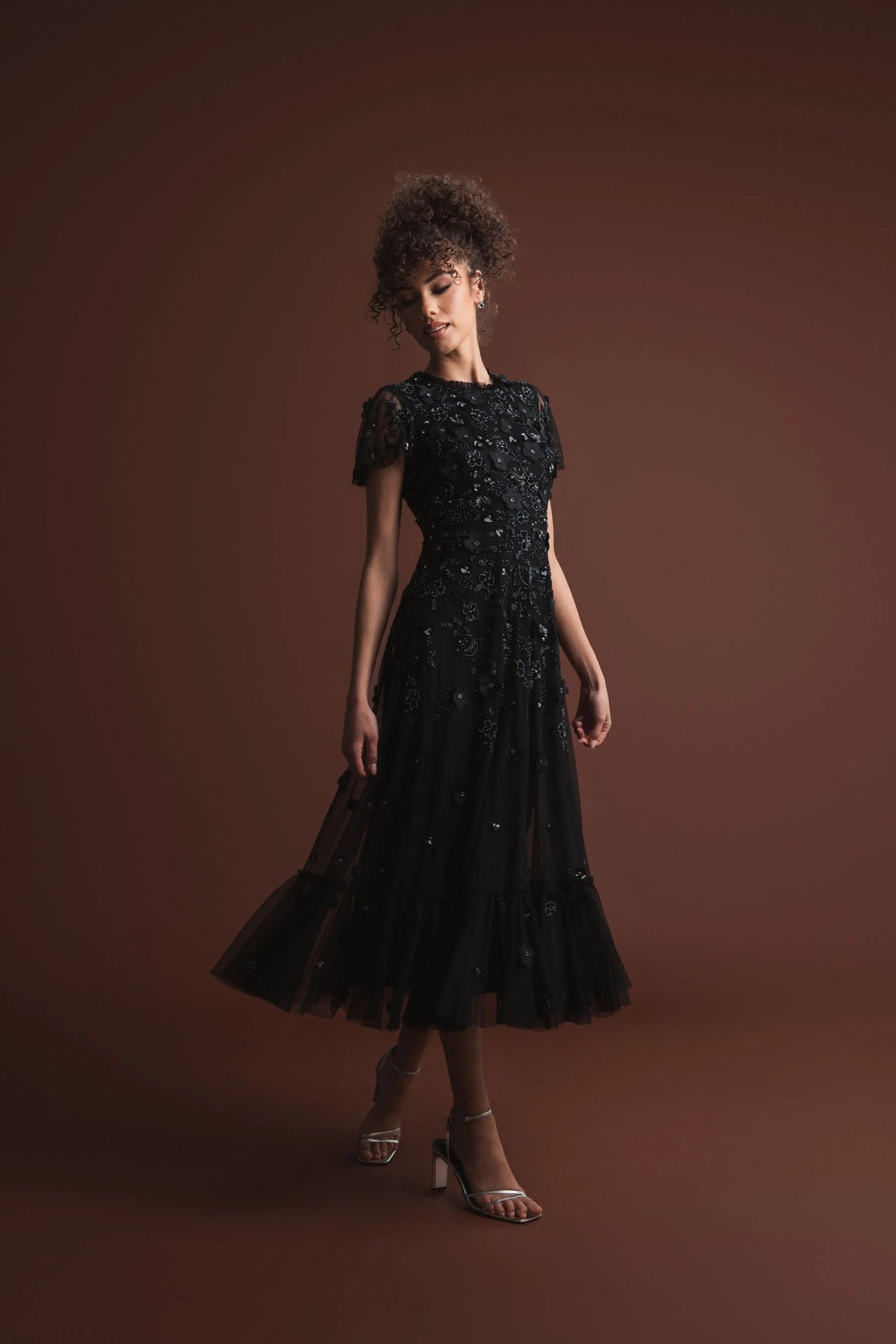 Mac Duggal Black Embellished High Neck Flutter Sleeve A Line Dress