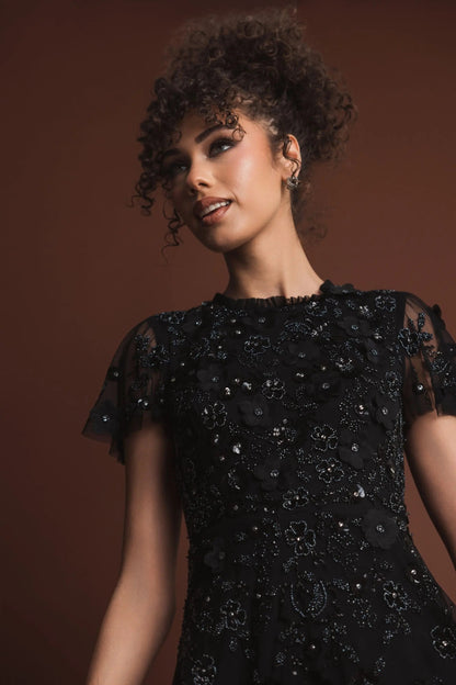 Mac Duggal Black Embellished High Neck Flutter Sleeve A Line Dress
