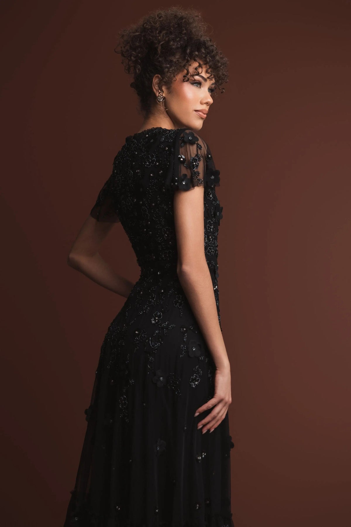 Mac Duggal Black Embellished High Neck Flutter Sleeve A Line Dress