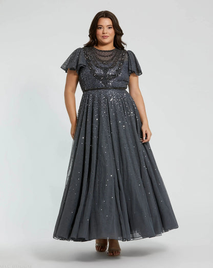 Mac Duggal Gray Embellished Flutter Sleeve Evening Gown (Plus)
