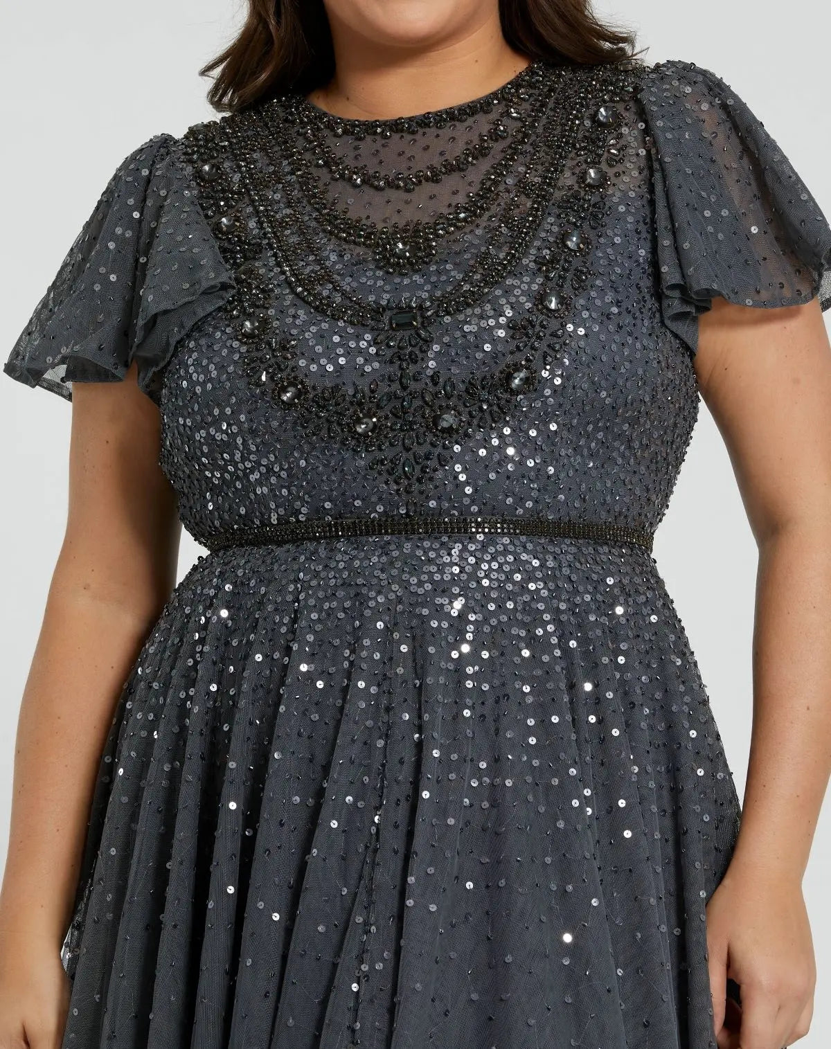 Mac Duggal Gray Embellished Flutter Sleeve Evening Gown (Plus)