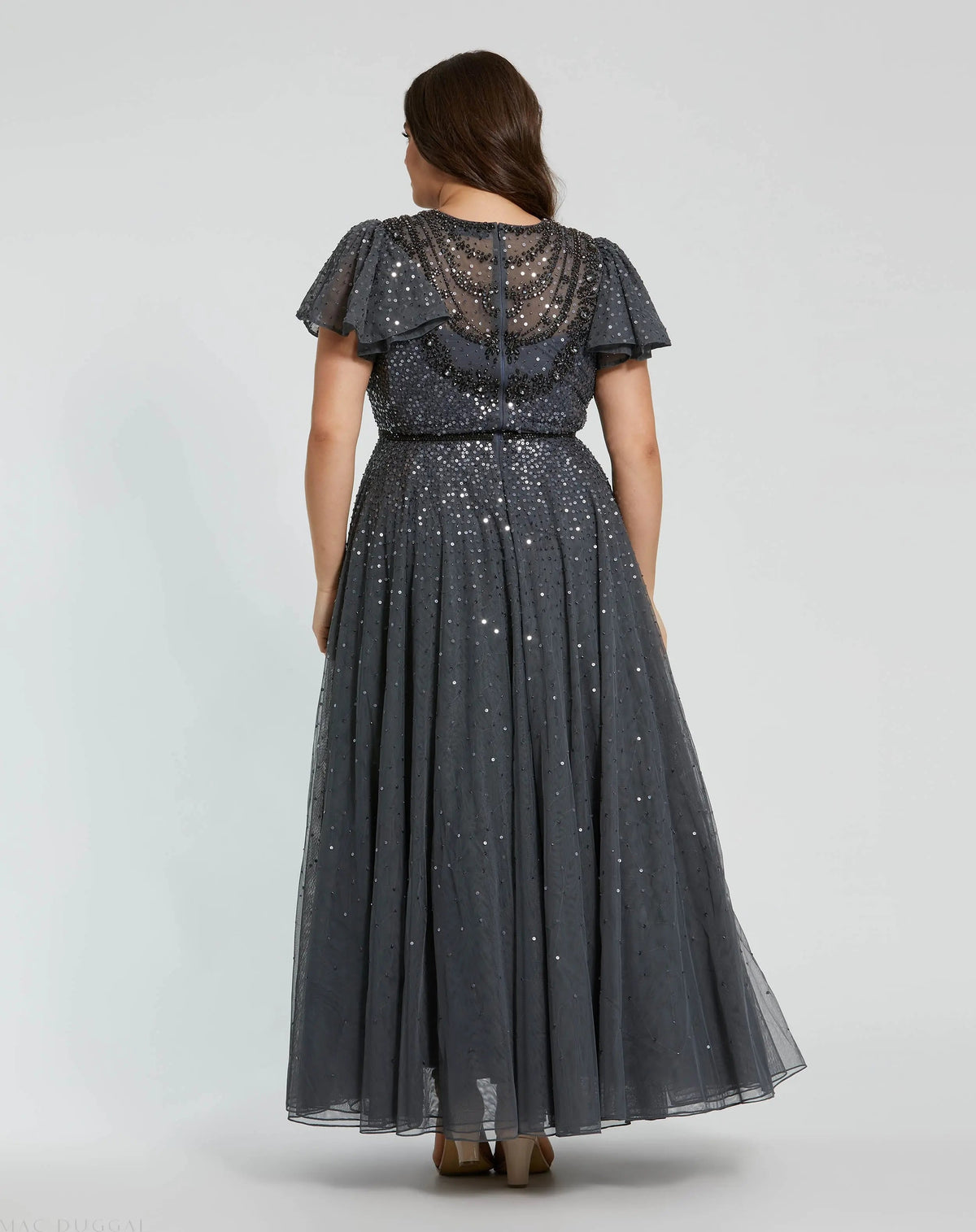Mac Duggal Gray Embellished Flutter Sleeve Evening Gown (Plus)