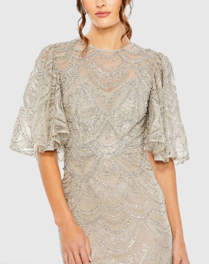 Mac Duggal Beige and Silver Flutter Sleeve High Neck Gown