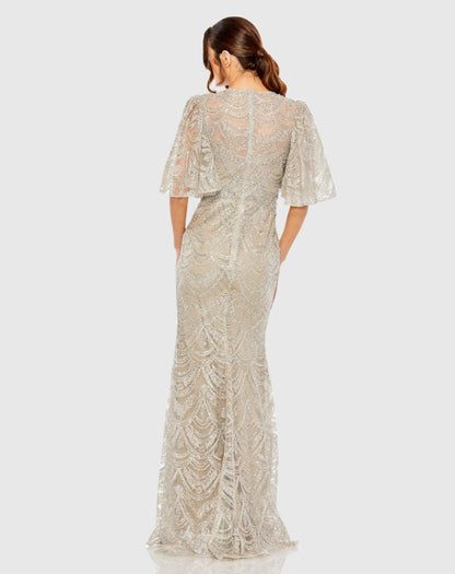 Mac Duggal Beige and Silver Flutter Sleeve High Neck Gown