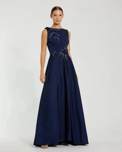 Mac Duggal Navy Floral Applique Sleeveless A-Line Gown