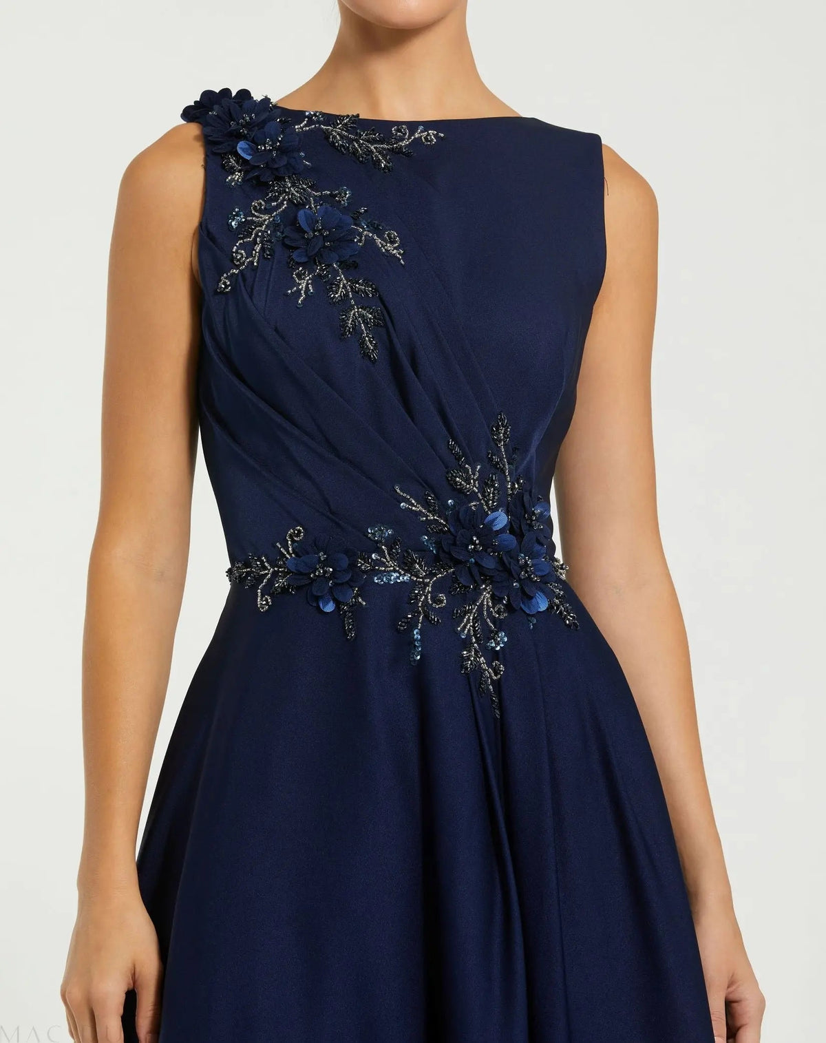 Mac Duggal Navy Floral Applique Sleeveless A-Line Gown