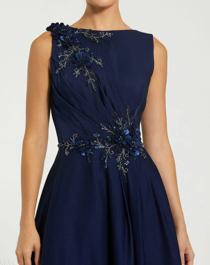 Mac Duggal Navy Floral Applique Sleeveless A-Line Gown