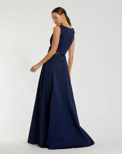 Mac Duggal Navy Floral Applique Sleeveless A-Line Gown