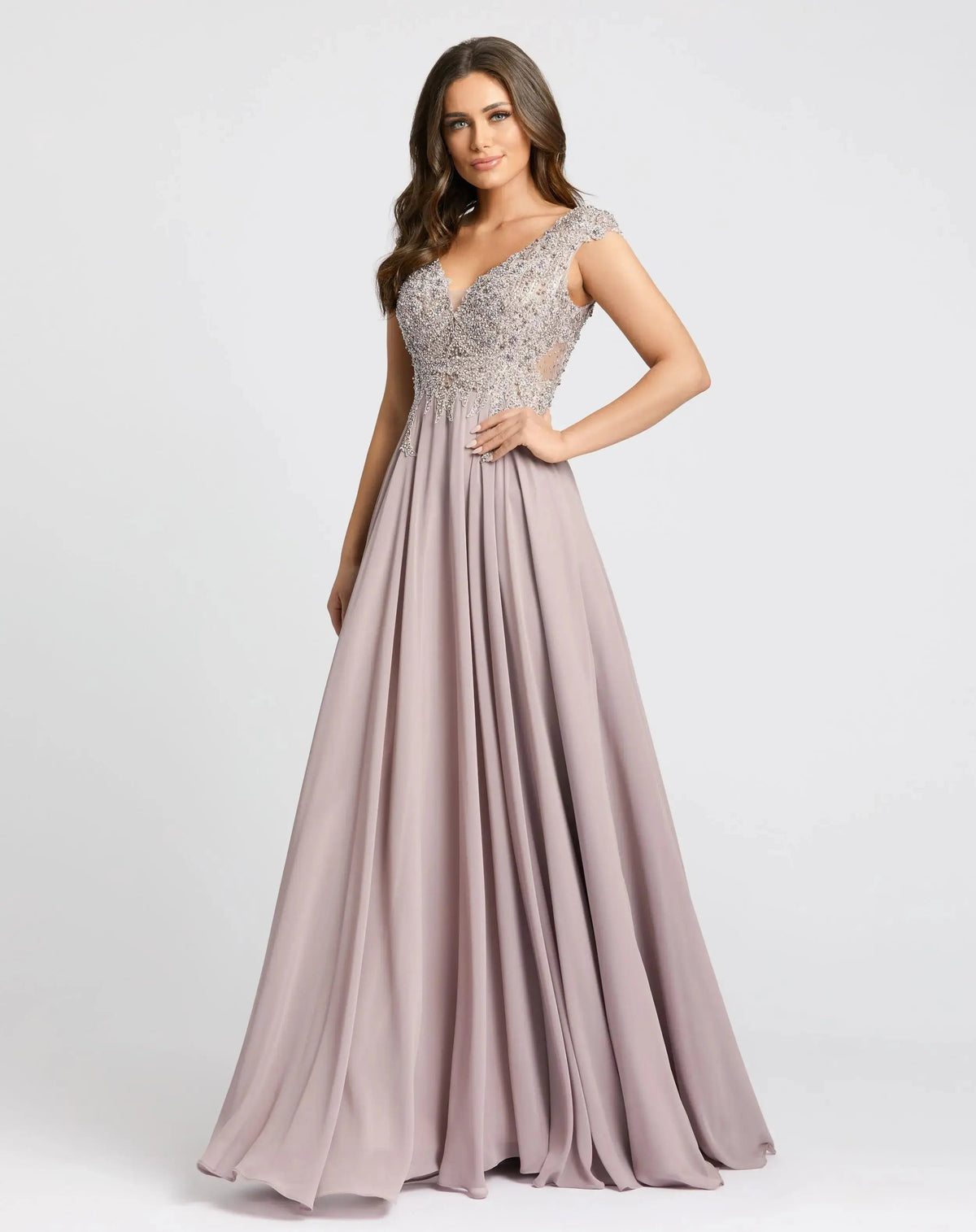 Mac Duggal Light Purple Cap Sleeve Applique Bodice Flowy Gown
